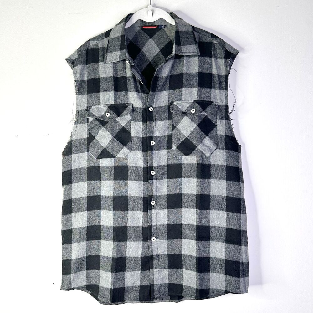 Design In Italy Shirt Men M Black Gray Button Up Check Flannel Sleeveless NWOT